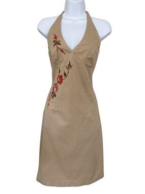 Vintage 90s Y2k Boho Cowgirl Tan Embroidered Flowers Halter Mini Dress Size 2/4